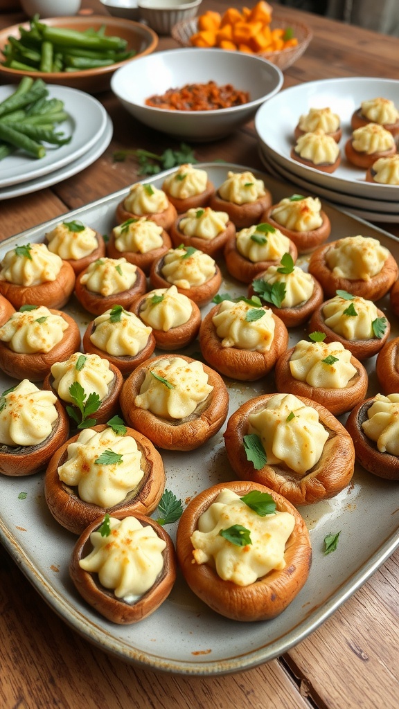 A delicious platter of stuffed mushrooms with creamy filling, garnished with parsley on a rustic wooden table.